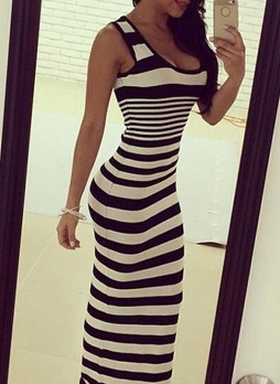 Horizontal Stripes Sleeveless Maxi Dress 